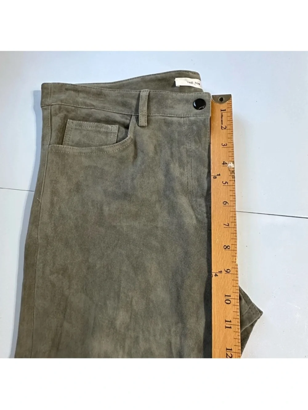 The Row Olive Green Lambskin Suede Straight-Leg Pants (Quiet Luxury) - Picture 12 of 13